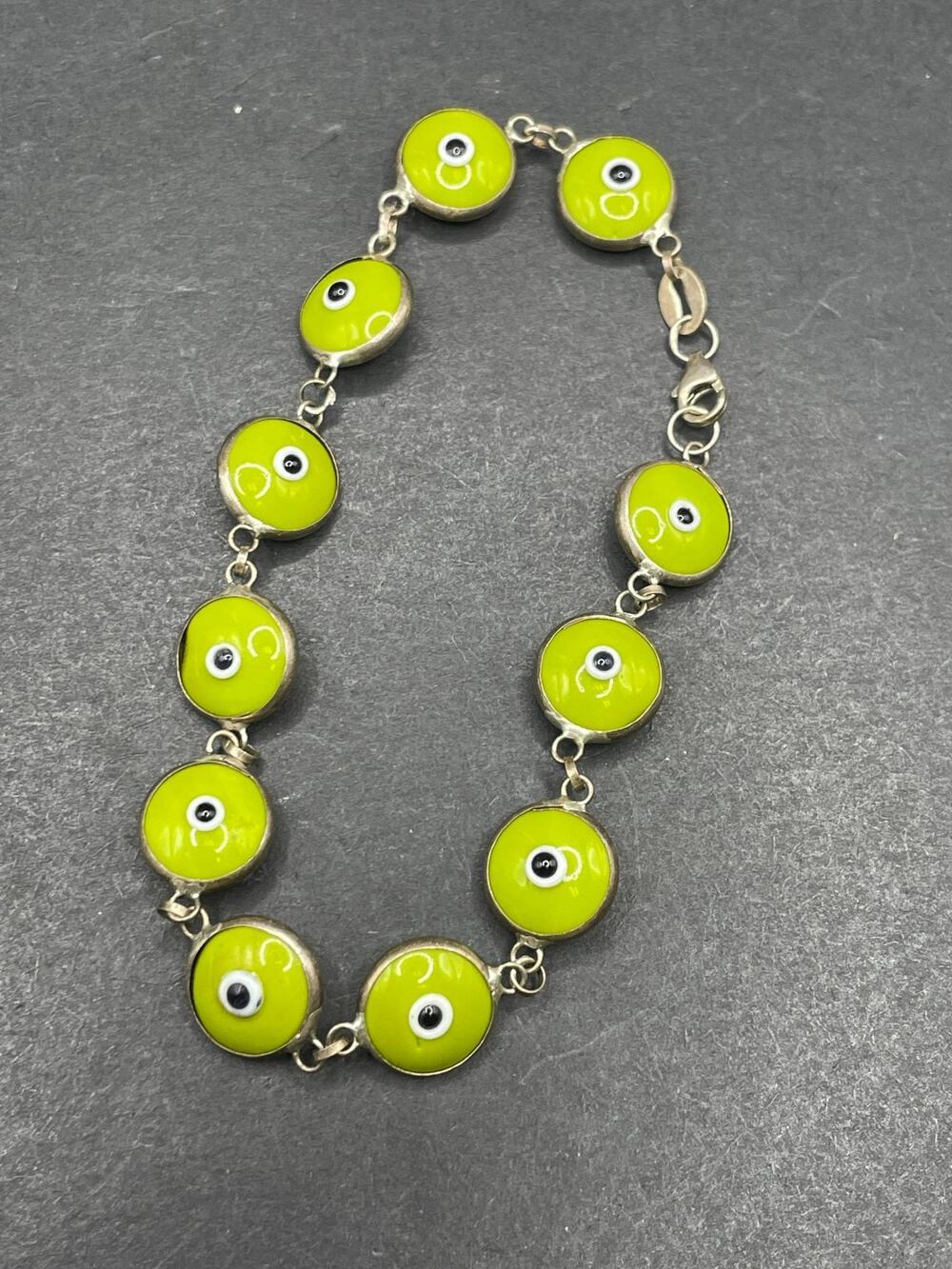 925 Sterling Silver Lime Green Evil Eye Link Bracelet Funky Glass Charm Jewelry